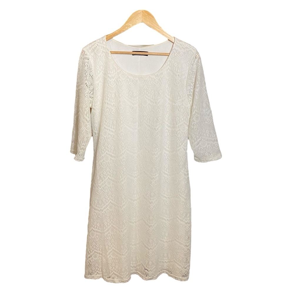 Fresh of LA Women's Floral Lace Dress Midi Scoop Neck Long Sleeve White Size 1X